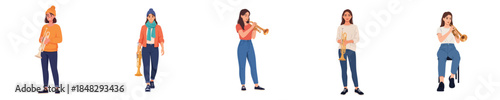 Female Musician Trumpet Player Flat Vector Character Illustration Set