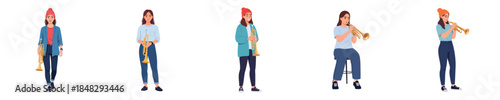 Female Musician Trumpet Player Flat Vector Character Illustration Set