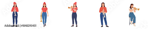 Female Musician Trumpet Player Flat Vector Character Illustration Set