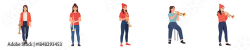 Female Musician Trumpet Player Flat Vector Character Illustration Set