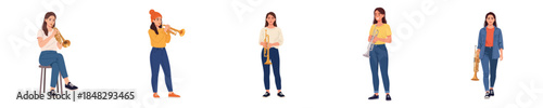 Female Trumpet Musician Flat Vector Character Illustration Collection Set