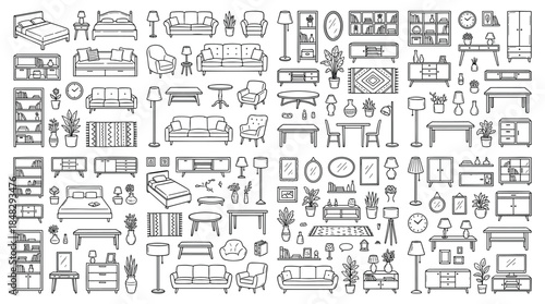 Large collection of hand-drawn furniture and home decor icons in a simple black and white outline style, featuring various sofas, beds, tables, lamps, and plants for interior design