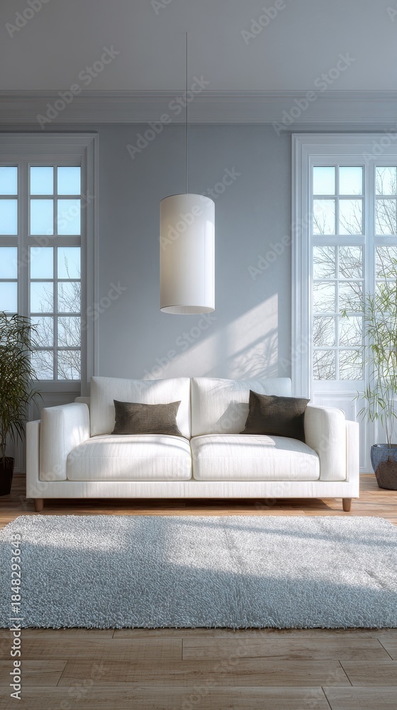 Fototapeta premium Vibrant photo of Elegant minimalist living room with white sofa, gray rug, pendant lamp, and large windows