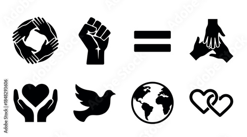 Collection of black silhouette icons representing peace, unity, equality, love, and human rights with symbolic hands, a heart, a dove, and the globe