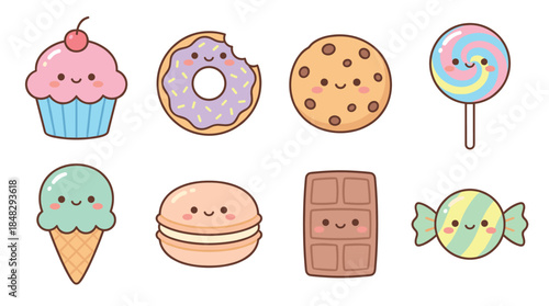 Set of eight adorable kawaii food characters featuring a smiling cupcake, donut, cookie, lollipop, ice cream, macaron, chocolate bar, and candy in a sweet pastel palette