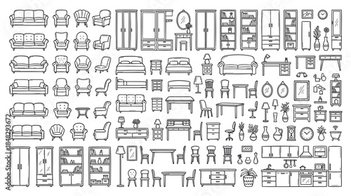 Large collection of hand-drawn furniture icons in a simple doodle style showing various household items like sofas, chairs, beds, tables, and cabinets for interior design concepts