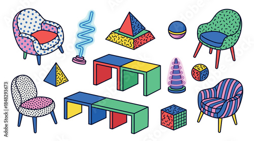 Collection of colorful retro Memphis style furniture and geometric shapes with bold patterns and vibrant colors, an isometric illustration set with a playful 80s aesthetic
