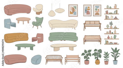 Large collection of hand-drawn furniture and home decor items in a modern bohemian style, featuring sofas, chairs, tables, plants, and art with soft, muted pastel colors