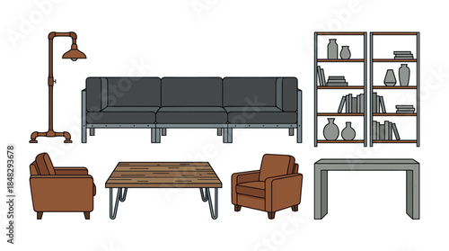 Collection of industrial loft style furniture with a sofa, armchairs, table, lamp, and bookshelves, presented as a minimalist vector illustration for modern interior design