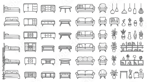Large set of furniture and decor icons in a hand-drawn line art style showing various home furnishings like beds, sofas, tables, lamps, and plants for interior design