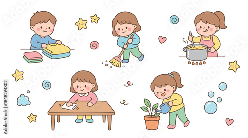 Cute cartoon children doing various household chores in a charming hand-drawn illustration set showing daily routines and responsibilities like cooking, cleaning, and gardening