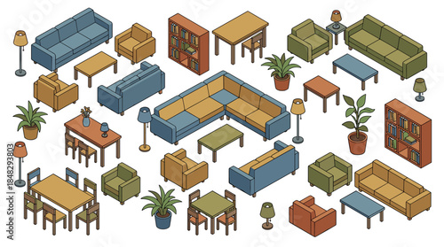 Large collection of colorful isometric furniture including sofas, armchairs, tables, chairs, bookcases, and lamps for interior design or architectural visualization