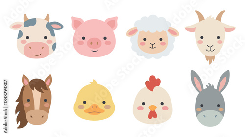 Cute collection of cartoon farm animal heads including a cow, pig, sheep, goat, horse, duck, chicken, and donkey, designed in a charming flat vector illustration style