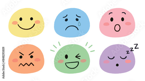 Colorful set of six hand-drawn emoticons showing various emotions like happiness, sadness, anger, surprise, sleepiness, and winking in a cute cartoon doodle style