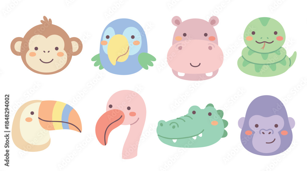 Obraz premium Set of cute cartoon jungle animal heads with friendly smiling faces, featuring a monkey, parrot, hippo, snake, toucan, flamingo, crocodile, and gorilla illustration