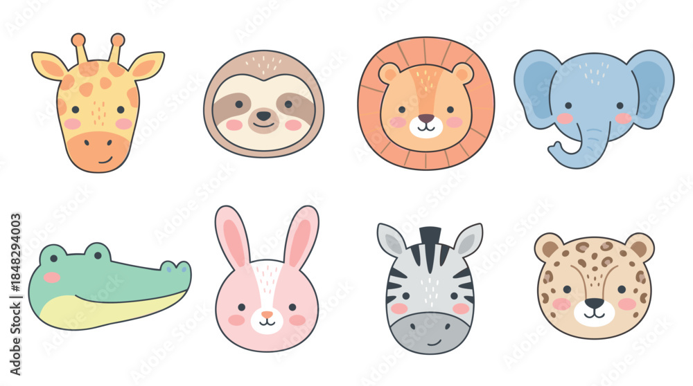 Obraz premium Cute collection of cartoon animal faces including a giraffe, sloth, lion, elephant, crocodile, rabbit, zebra, and leopard, illustrated in a charming and simple kawaii style