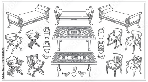 Collection of ancient Roman style furniture including couches, chairs, tables, and pottery in a detailed black and white line art illustration for historical study