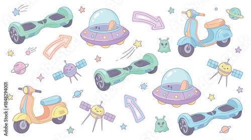 Cute cartoon collection of space and transport illustrations featuring whimsical pastel hoverboards, scooters, UFOs, aliens, satellites, and stars