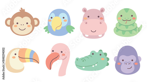 Set of cute cartoon jungle animal heads with friendly smiling faces, featuring a monkey, parrot, hippo, snake, toucan, flamingo, crocodile, and gorilla illustration