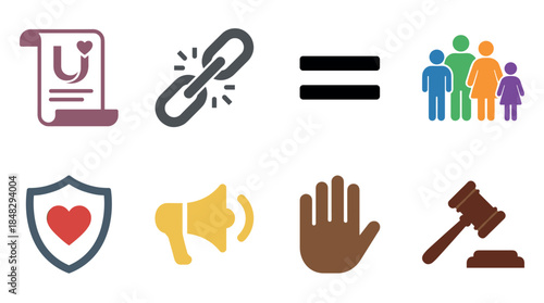 Set of colorful flat icons representing civil rights, social justice, and equality with symbols like a broken chain, gavel, megaphone, and family pictogram