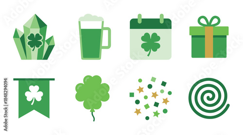 Collection of green St. Patrick's Day icons featuring a shamrock, beer, calendar, gift box, balloon, and confetti for a festive holiday celebration