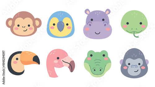Set of cute cartoon jungle animal heads featuring a monkey, parrot, hippo, snake, toucan, flamingo, crocodile, and gorilla in a flat, minimalist and adorable kawaii style