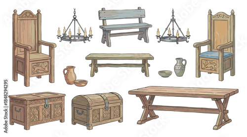 Collection of hand-drawn medieval furniture including ornate thrones, rustic tables, carved chests, and iron chandeliers for a fantasy setting with detailed historical designs