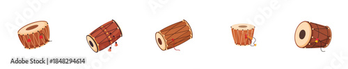 Traditional Indian Drum Dhol Flat Vector Musical Instrument Collection Set