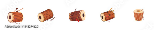 Traditional Indian Drum Dhol Flat Vector Musical Instrument Illustration Set