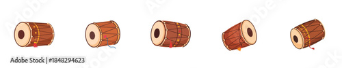 Traditional Indian Drum Dhol Flat Vector Musical Instrument Illustration Set