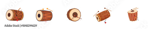 Traditional Drum Instrument Flat Vector Illustration Collection Set
