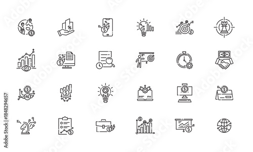 Business and technology concepts expressed through line-style icons in global strategy work, banner illustration icon set