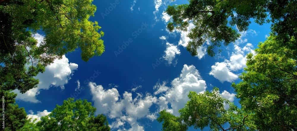 Obraz premium Vibrant photo of Lush Green Tree Canopy Framing a Vibrant Blue Sky with White Clouds