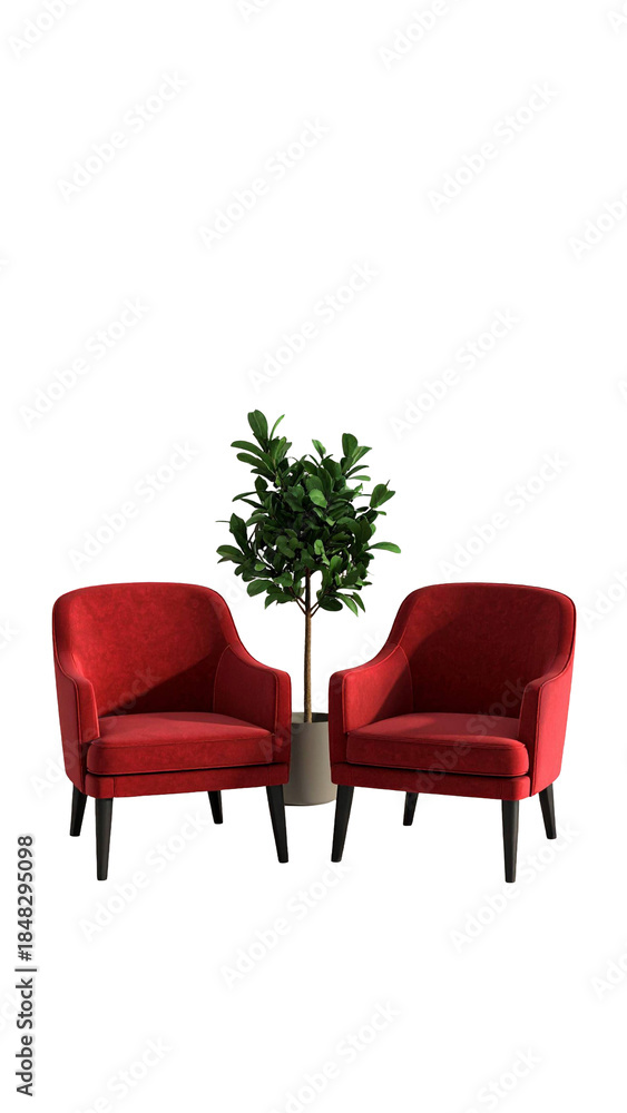 Fototapeta premium Zwei rote Sessel mit Pflanze – modernes 3D-Interior - PNG