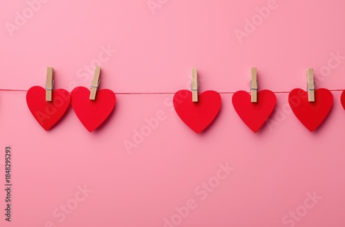 Red heart shapes hanging on a string with clothespins on a pink surface, creating a romantic valentine's day concept with copy space