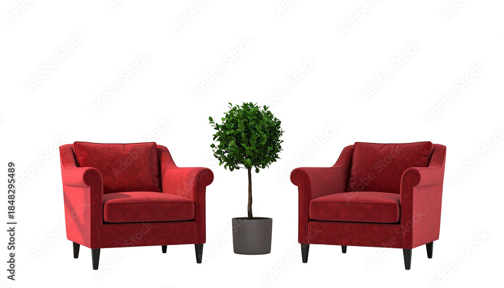 Fototapeta premium Zwei rote Sessel mit Pflanze – modernes 3D-Interior - PNG