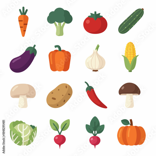 A vibrant collection of various fresh, healthy vegetables and mushrooms arranged in a grid on a white background, showcasing a diverse range of produce.