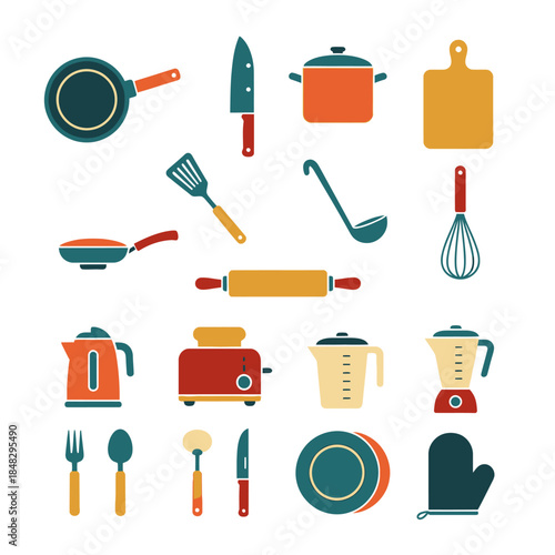 A colorful collection of various kitchen utensils and appliances, depicted in a flat design style.