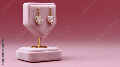 Elegant heart-shaped earrings displayed on a plush velvet stand against a soft pink background