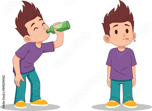 Cartoon Boy Drinking Alcohol and Smoking Cigarette Vector Set, Unhealthy Lifestyle and Bad Habits Illustration for Warning, Addiction, and Substance Abuse Education.