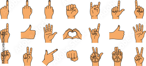 Cartoon-style hand gesture collection featuring 20 expressive signs for communication, emotion, culture, and symbolic non-verbal interaction themes