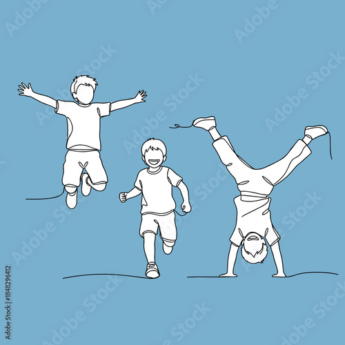 Continuous line drawing of active children playing: jumping, running, and handstand on blue background