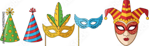 Colorful festive party hats and masquerade masks collection featuring jester, feathers, and starburst designs for celebration and carnival themes