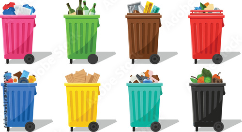Colorful Garbage and Recycling Bins Vector Set, Waste Segregation and Management Collection for Paper, Glass, Plastic, and Organic Materials in Flat Design Style.