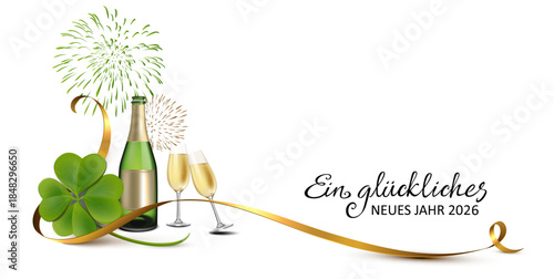 Neues Jahr Glückwunsch Banner mit Sekt, Feuerwerk, Kleeblatt und Schleife	