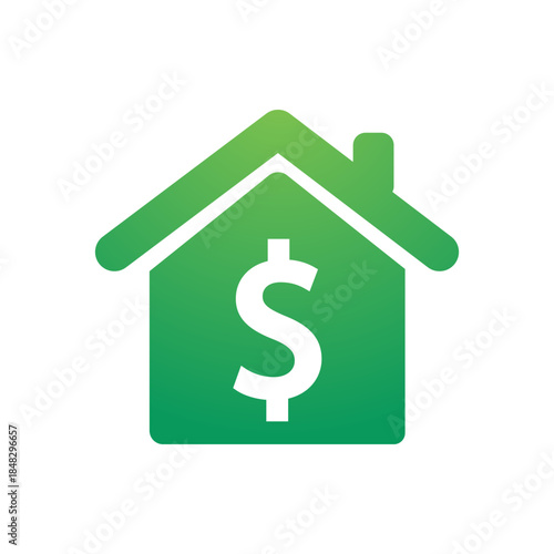 Green house icon with a dollar sign inside, symbolizing real estate investment and wealth