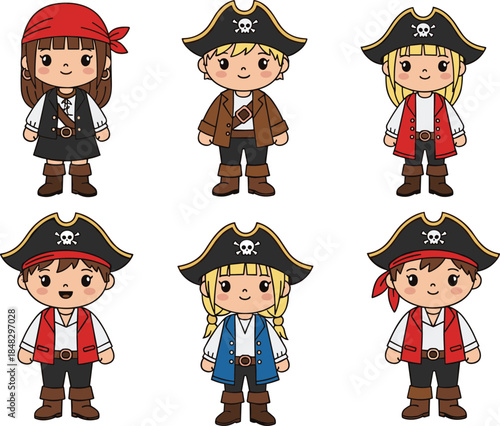 Cute Cartoon Pirate Kids Vector Set, Children Wearing Tricorne Hats, Eye Patches, Bandanas, and Pirate Costumes for Adventure, Role-Play, and Birthday Parties.