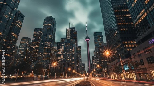 Toronto Cityscape at Night: Time-Lapse of Traffic and Skyscrapers in Urban Setting