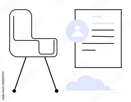 Hiring process, workplace setup, human resources, online profiles, document management, remote work. Office chair and profile-linked document. Hiring process and workplace setup concept