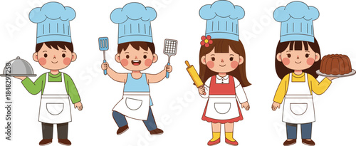 Cute vector set of four cartoon children chefs and bakers wearing toques and aprons, holding cooking utensils and food,
